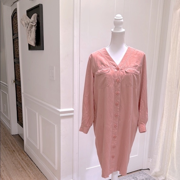 Victoria Soie 100% Silk Muted Pink Midi Shirt Dress Button Front Tunic Sz 10 - Picture 9 of 10
